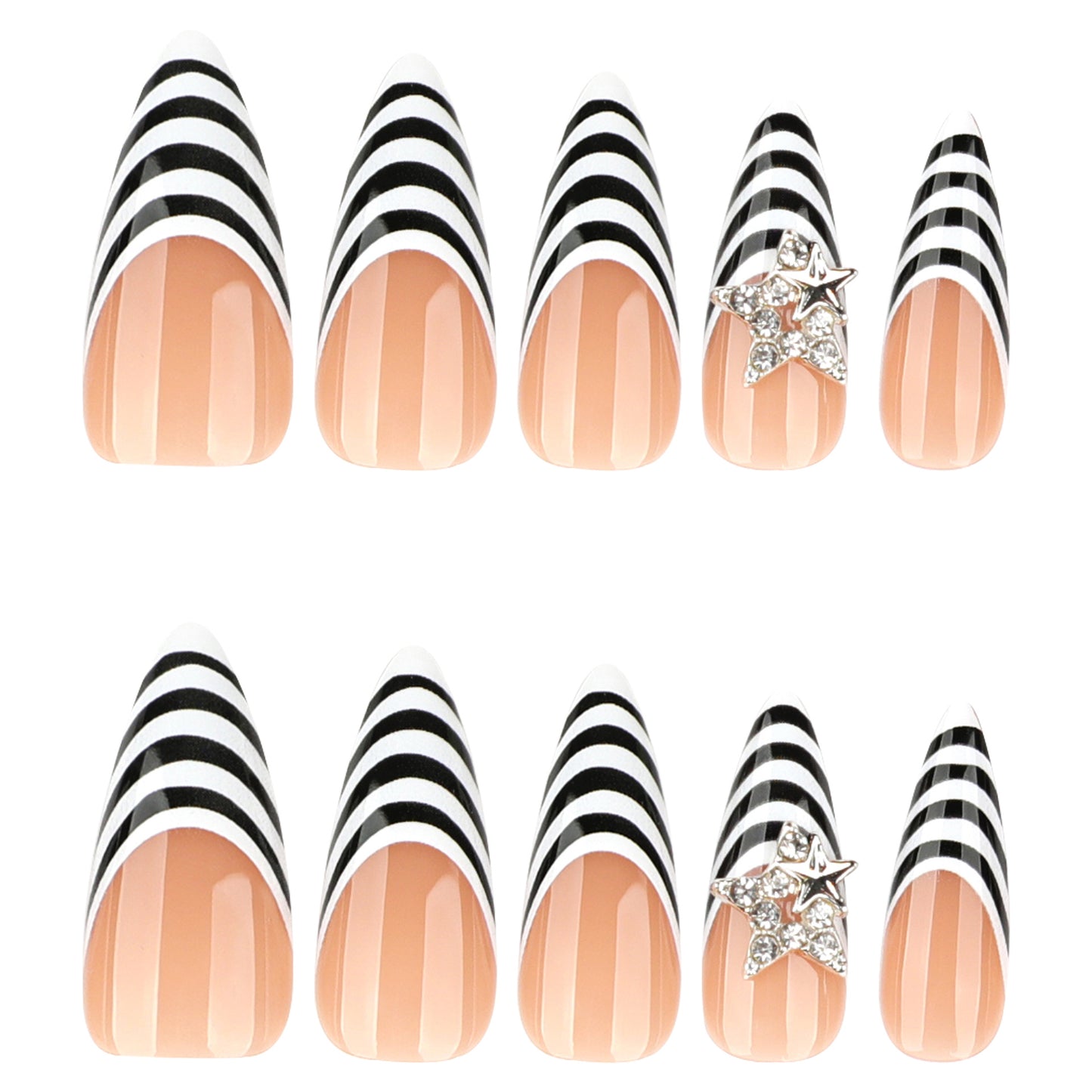 Chic Nautical Elegance Flare Long Almond Multicolor Striped with Star Accents Press On Nail Set