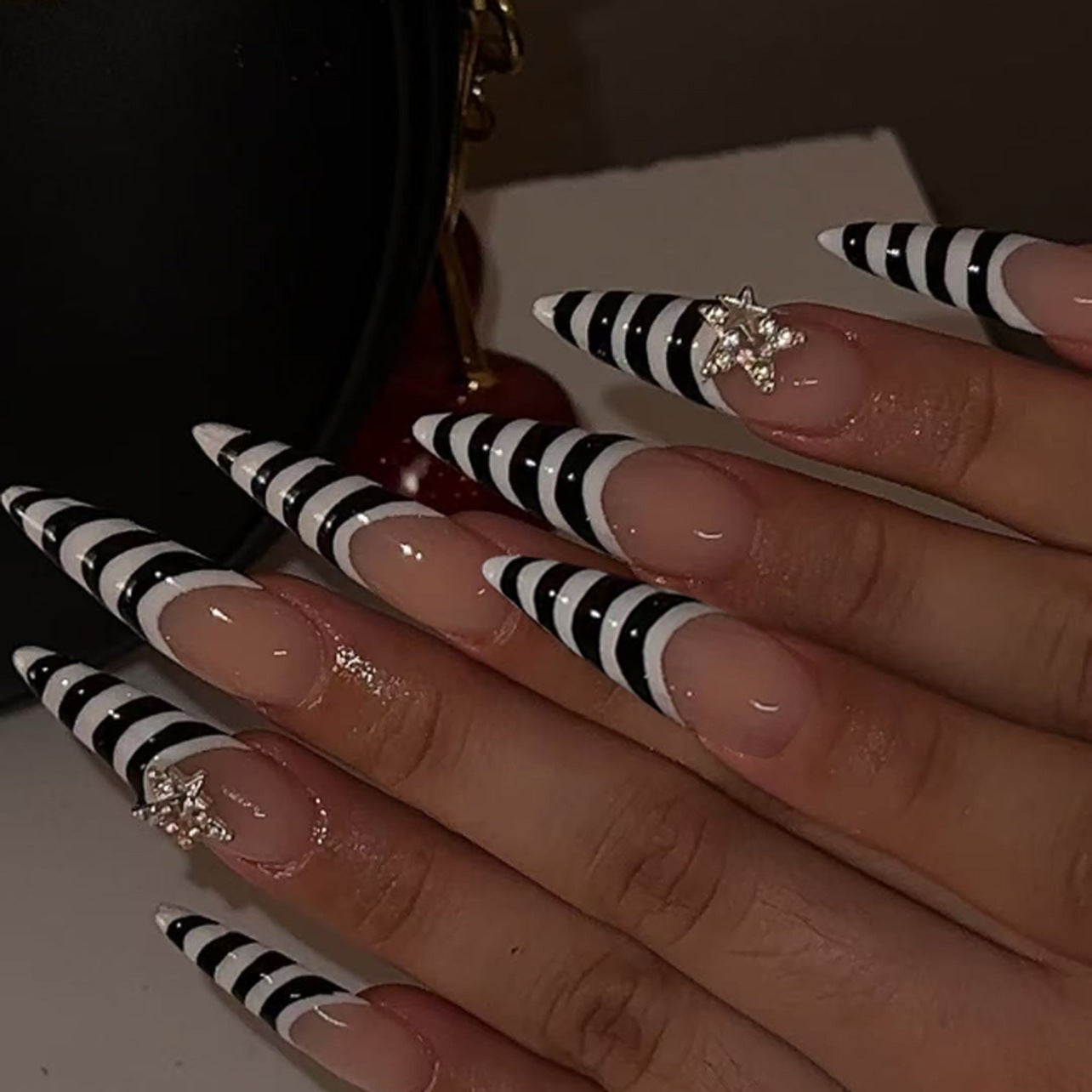 Chic Midnight Stripes Long Stiletto Black and White Press On Nail Set with Sparkling Accent