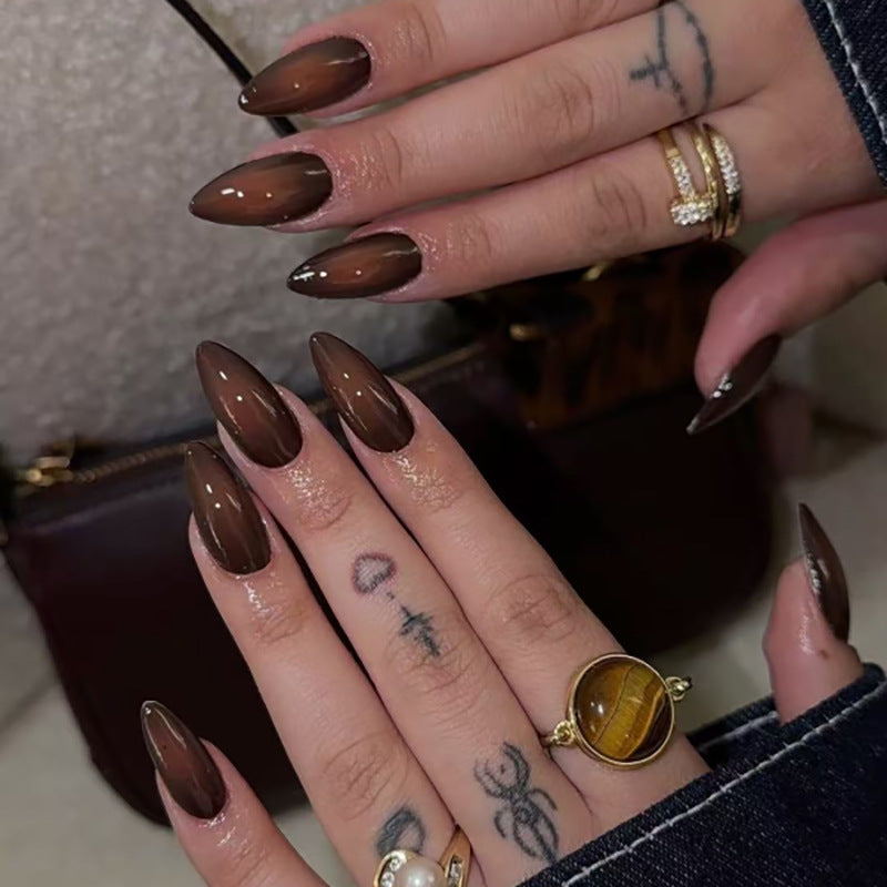 Gothic Elegance Long Almond Shaped Rich Chocolate Brown Glossy Finish Press On Nail Set