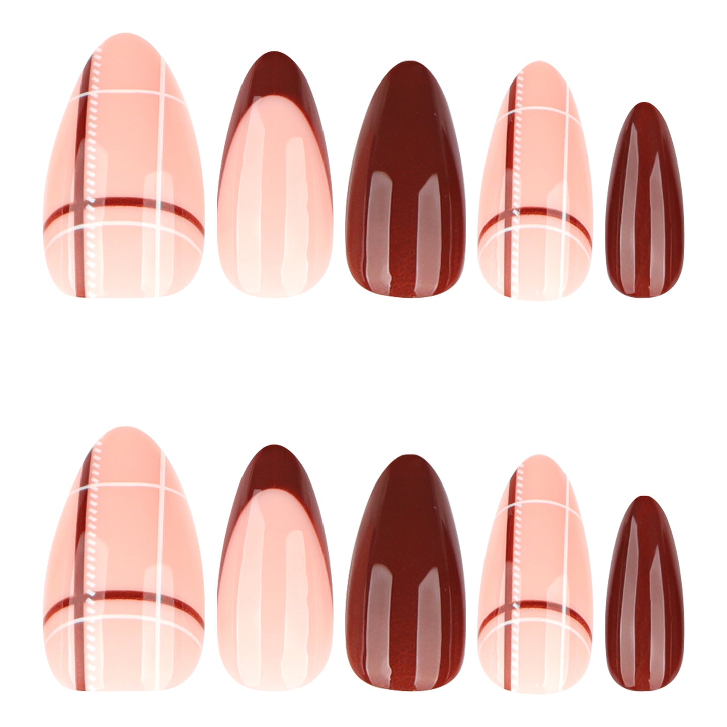 Chic Elegance Press On Nail Set Long Almond Shaped Warm Pink and Rich Burgundy with Stylish Line Designs