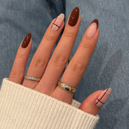 Autumn Elegance Charming Long Almond Brown and Beige Press On Nail Set with Stylish Checkerboard Accent