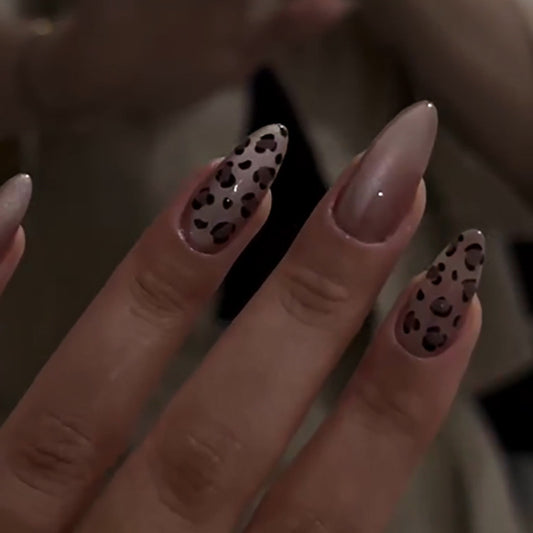 Savanna Chic Long Stiletto Press On Nail Set in Ombre Beige with Striking Animal Print Accent