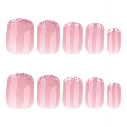 Blossom Elegance Short Square Pink Nails with Glittery French Tips Press-On Set