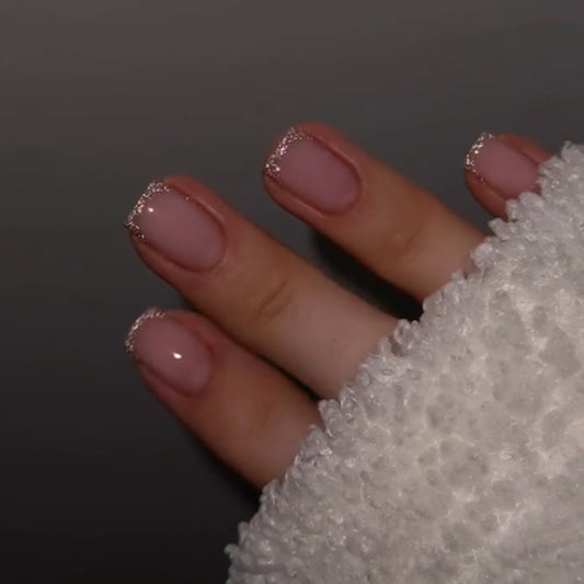 Glamorous Elegance Short Square Blush Pink with Shimmering Glitter Tips Press On Nail Set