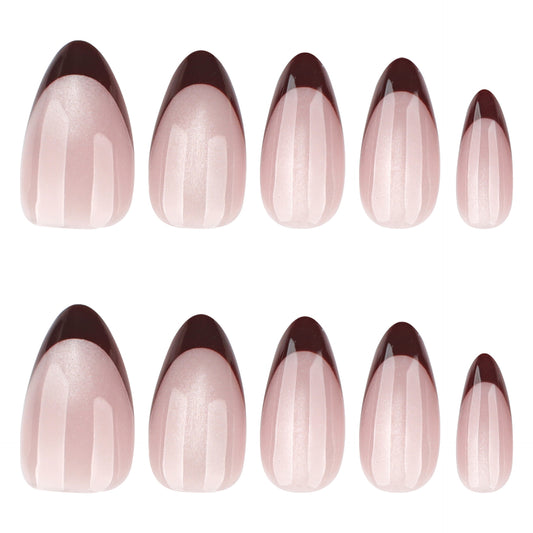 Enchanting Elegance Medium Almond Shaped Blush Pink Press On Nail Set with Glossy Brown Tips