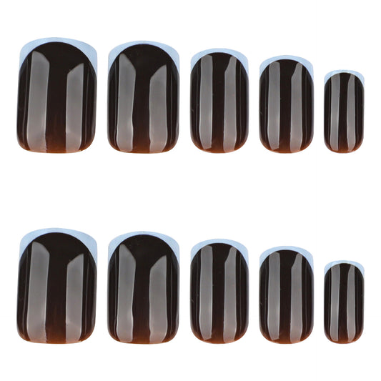 Mystical Elegance Short Square Dark Brown Glossy Press-On Nail Set with Beautiful Blue Tips