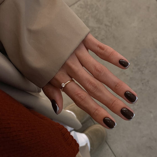Enchanting Elegance Short Square Dark Chocolate with Chic French Tips Press On Nail Set