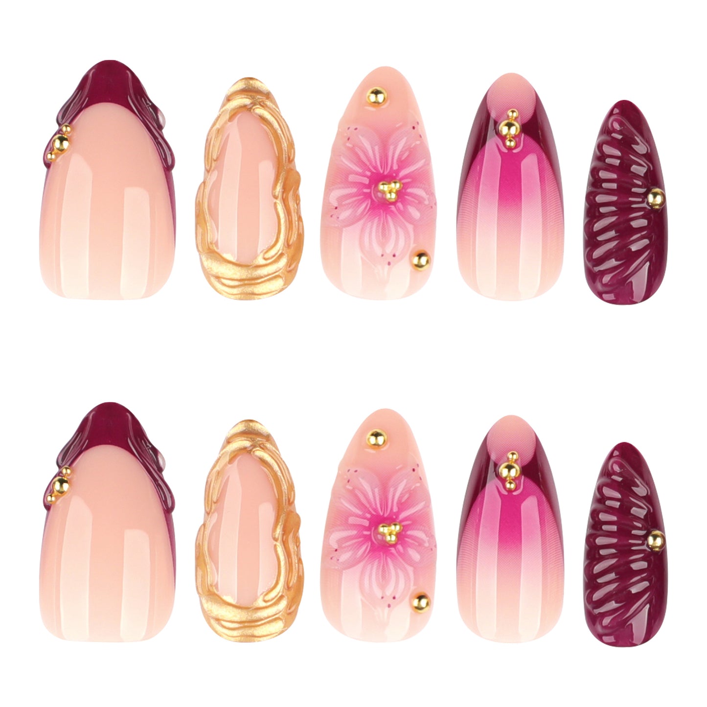 Whimsical Elegance Long Almond Shaped Pink and Burgundy Nail Set Featuring Floral and Metallic Accents