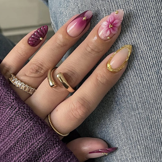 Enchanted Garden Long Almond Purple Ombre with Floral Accents and Gold Detailing Press-On Nail Set