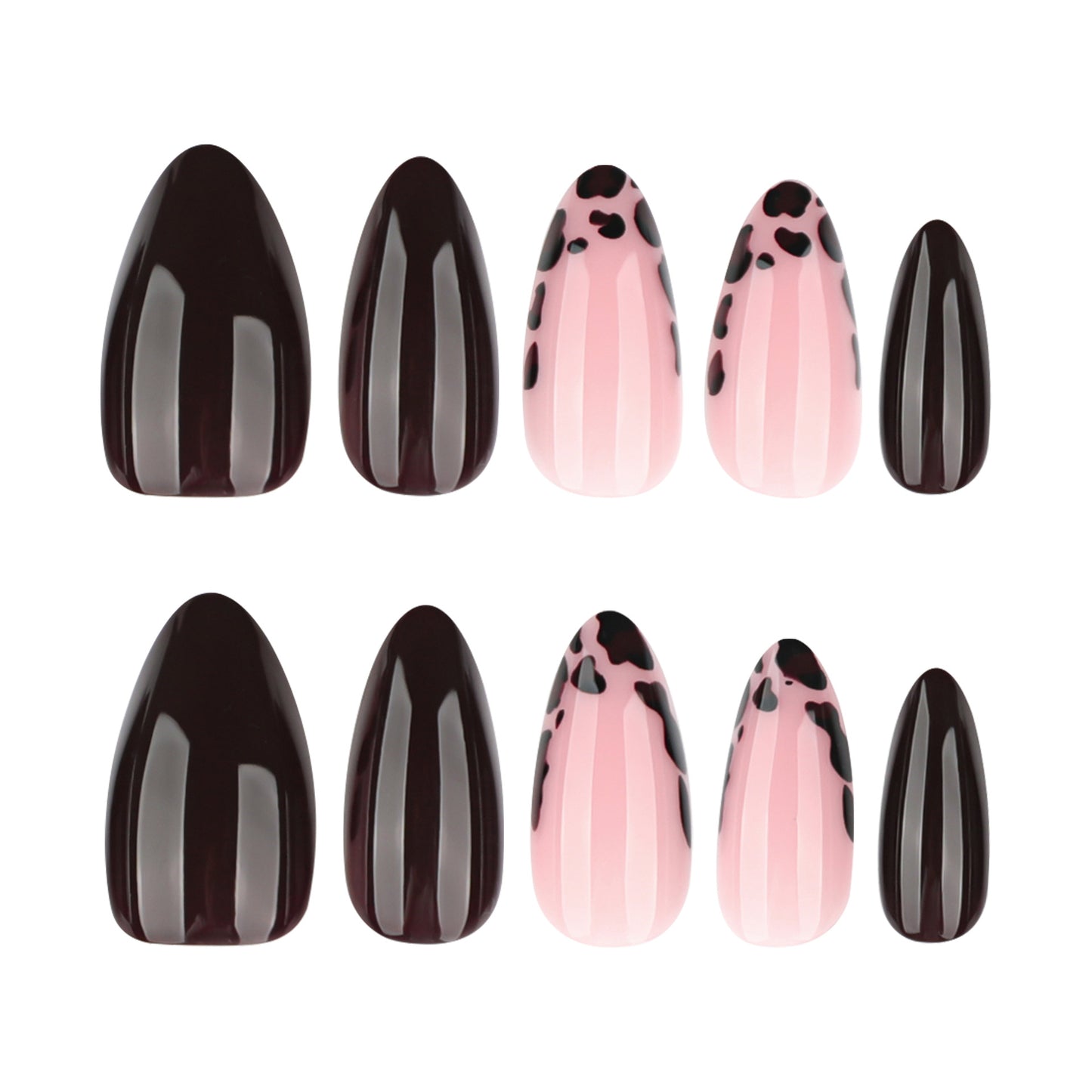 Chic Jungle Inspired Medium Almond and Short Coffin Deep Burgundy and Soft Pink with Playful Leopard Accents Press On Nail Set