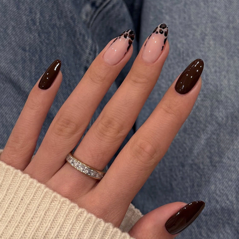 Elegant Noir Medium Almond Shaped Brown and Beige Ombre Nails with Floral Accents