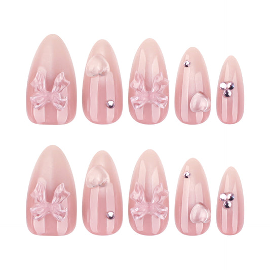 Charming Elegance Medium Almond Pink Press On Nail Set with Delightful Bow and Heart Embellishments