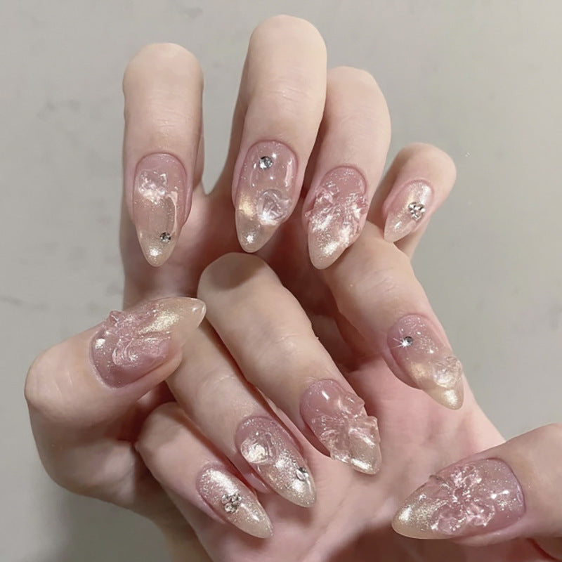 Enchanted Elegance Medium Almond Pink Ombre with Sparkling Floral Accents Press On Nail Set