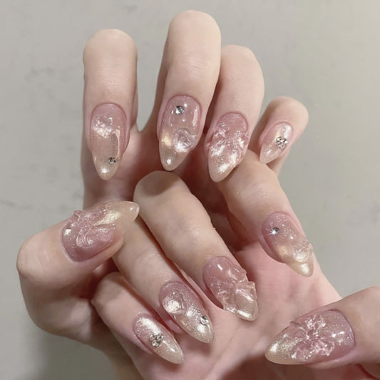 Enchanted Elegance Medium Almond Pink Ombre with Sparkling Floral Accents Press On Nail Set