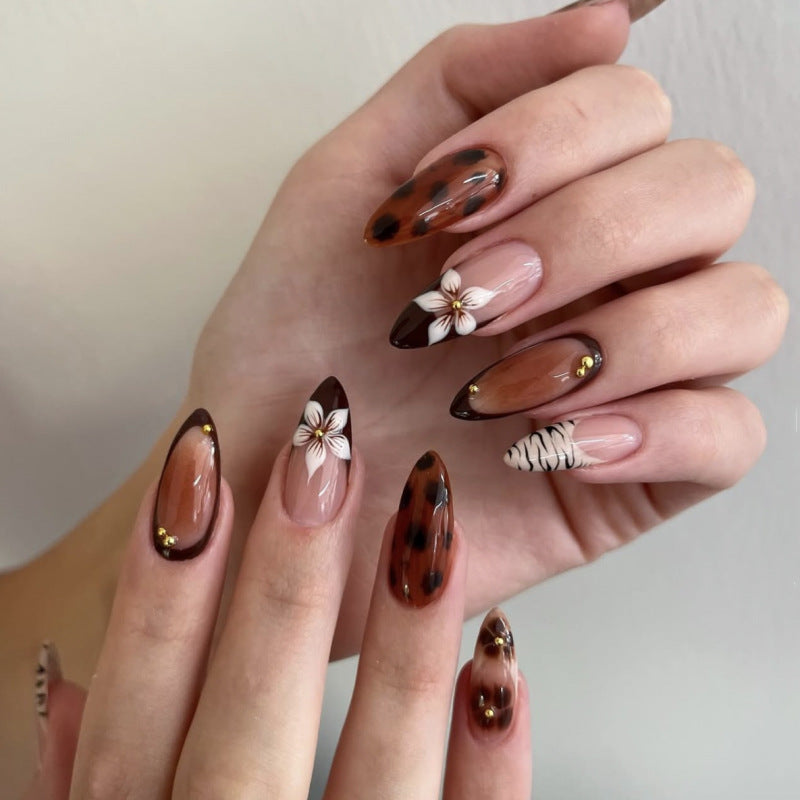 Bohemian Elegance Long Almond Brown Ombre with Floral Accents and Unique Animal Print Design Press On Nail Set