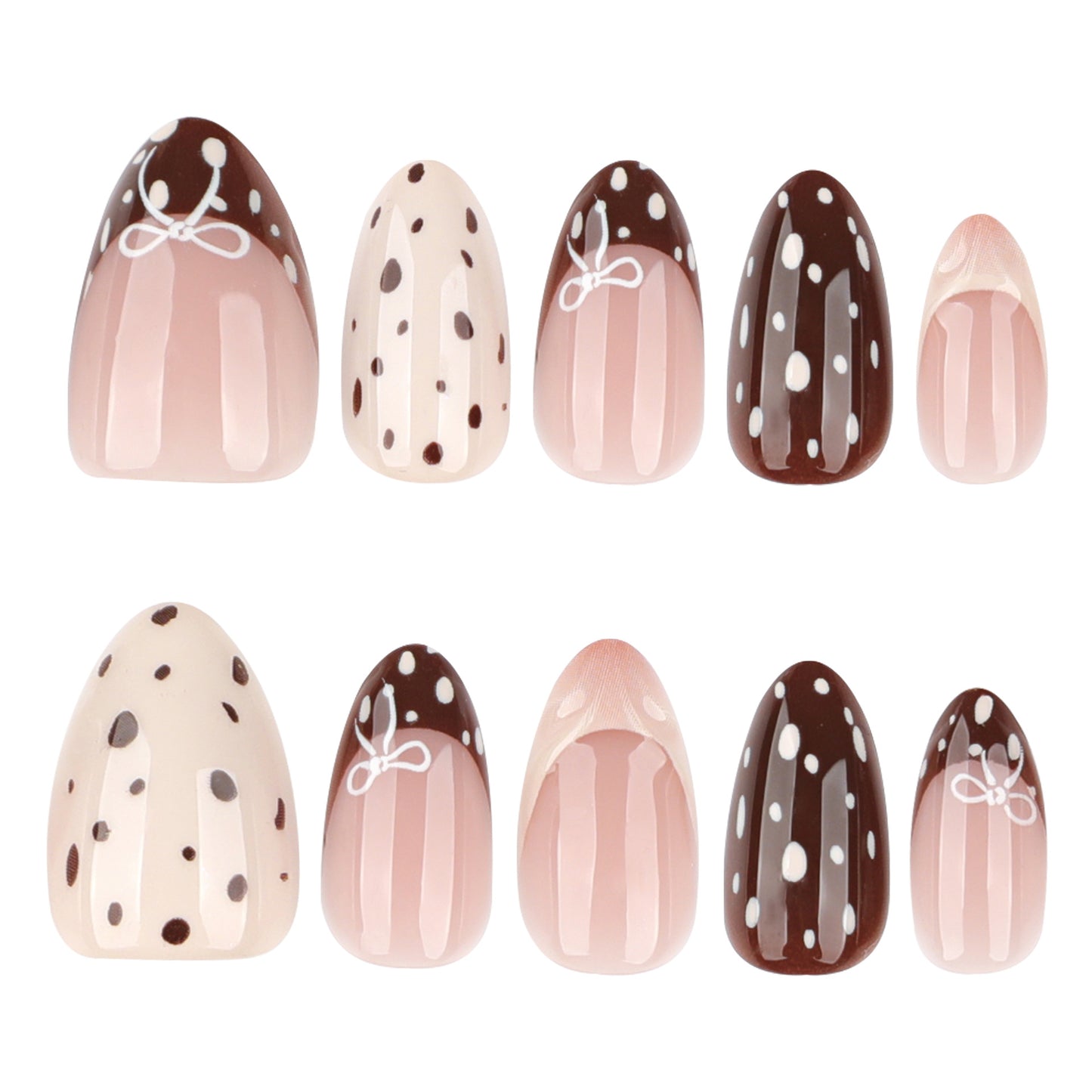 Sweet Treats Elegant Short Almond Shaped Pink and Brown Press On Nail Set with Charming Polka Dot and Bow Designs
