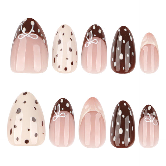 Sweet Treats Elegant Short Almond Shaped Pink and Brown Press On Nail Set with Charming Polka Dot and Bow Designs