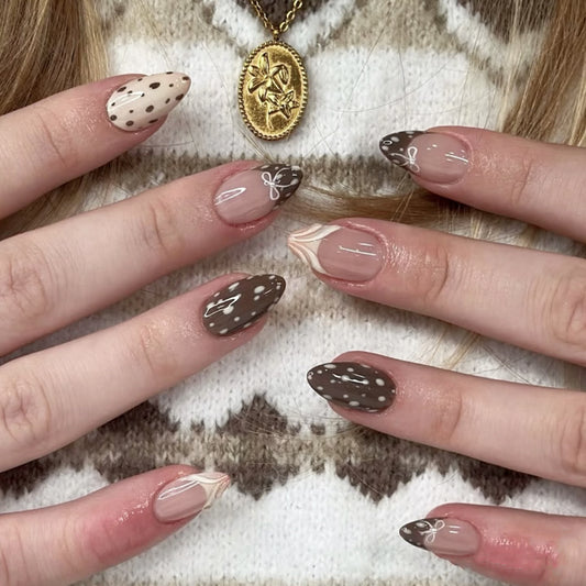 Chocolate Fantasy Short Almond Brown and Beige Press on Nail Set with Cute Bow Designs