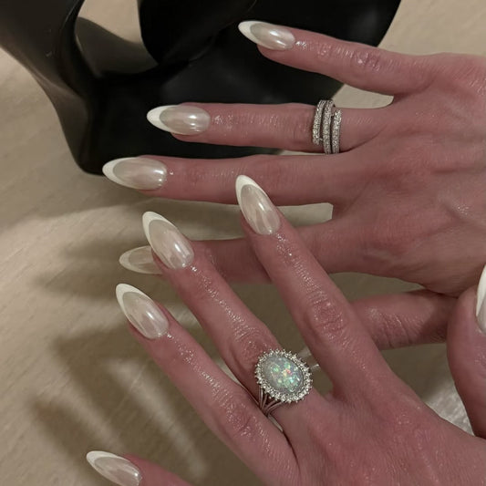 Elegance Unleashed Long Almond Shaped Clear Nails with Chic White Tips and Stunning Glossy Finish