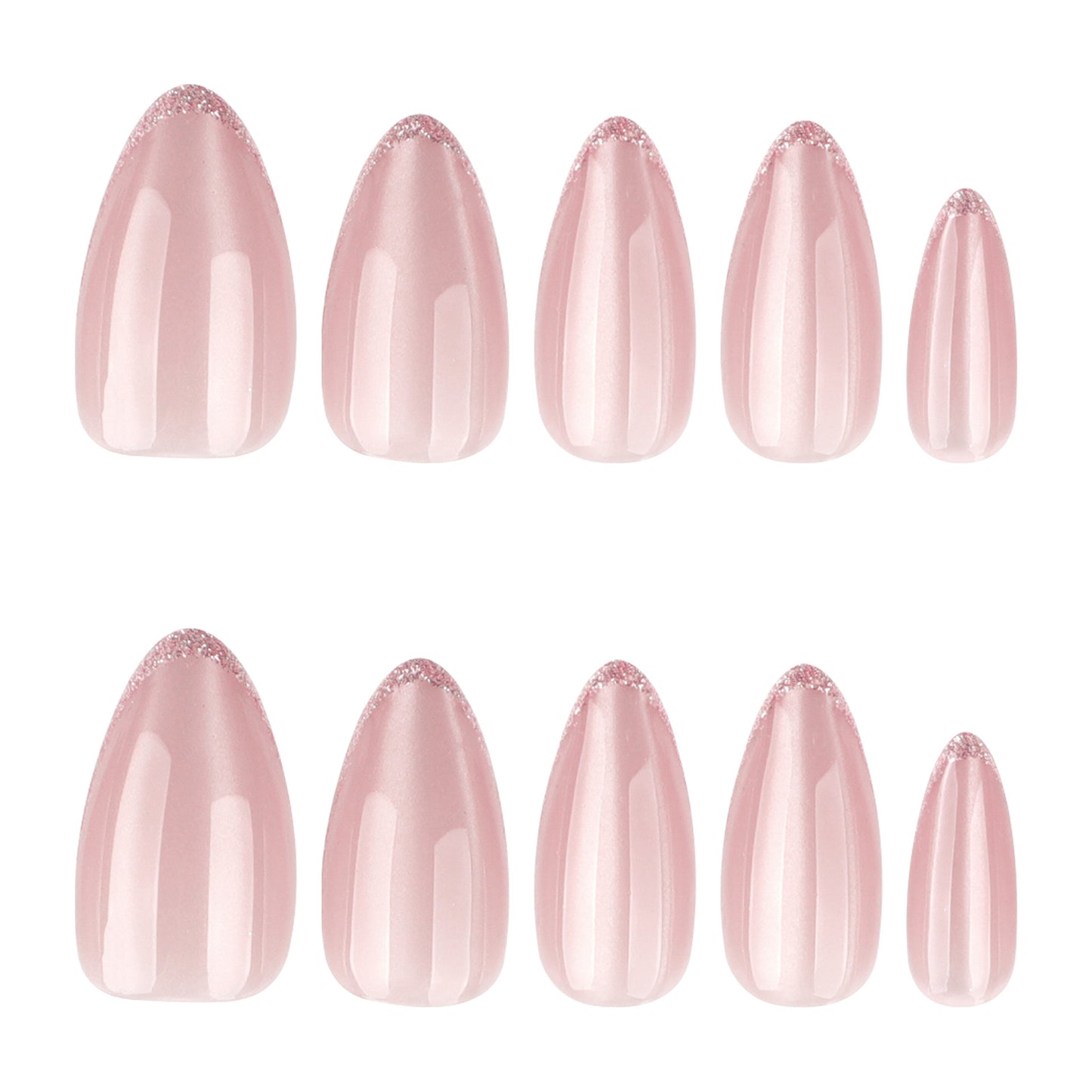 Elegant Blossom Press-On Nail Set in Medium Almond Shape Soft Pink Color with Sparkling Tips