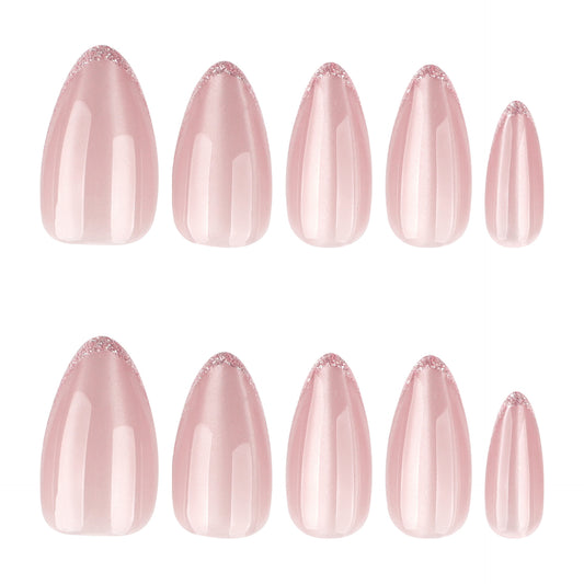Elegant Blossom Press-On Nail Set in Medium Almond Shape Soft Pink Color with Sparkling Tips