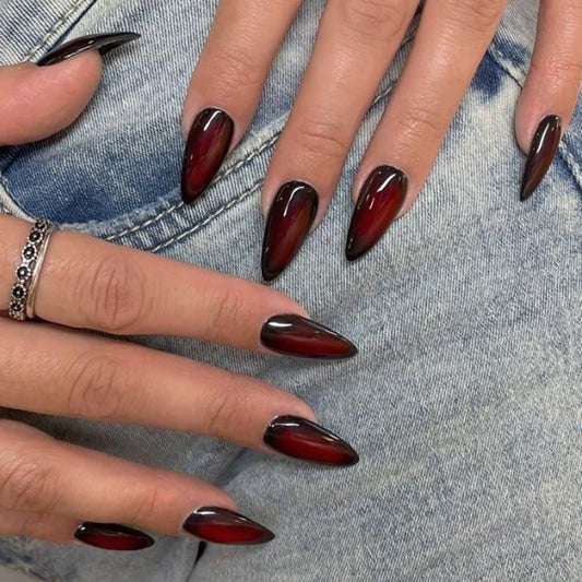 Mystical Elegance Long Stiletto Gradient Red and Black Press On Nail Set with Glossy Finish