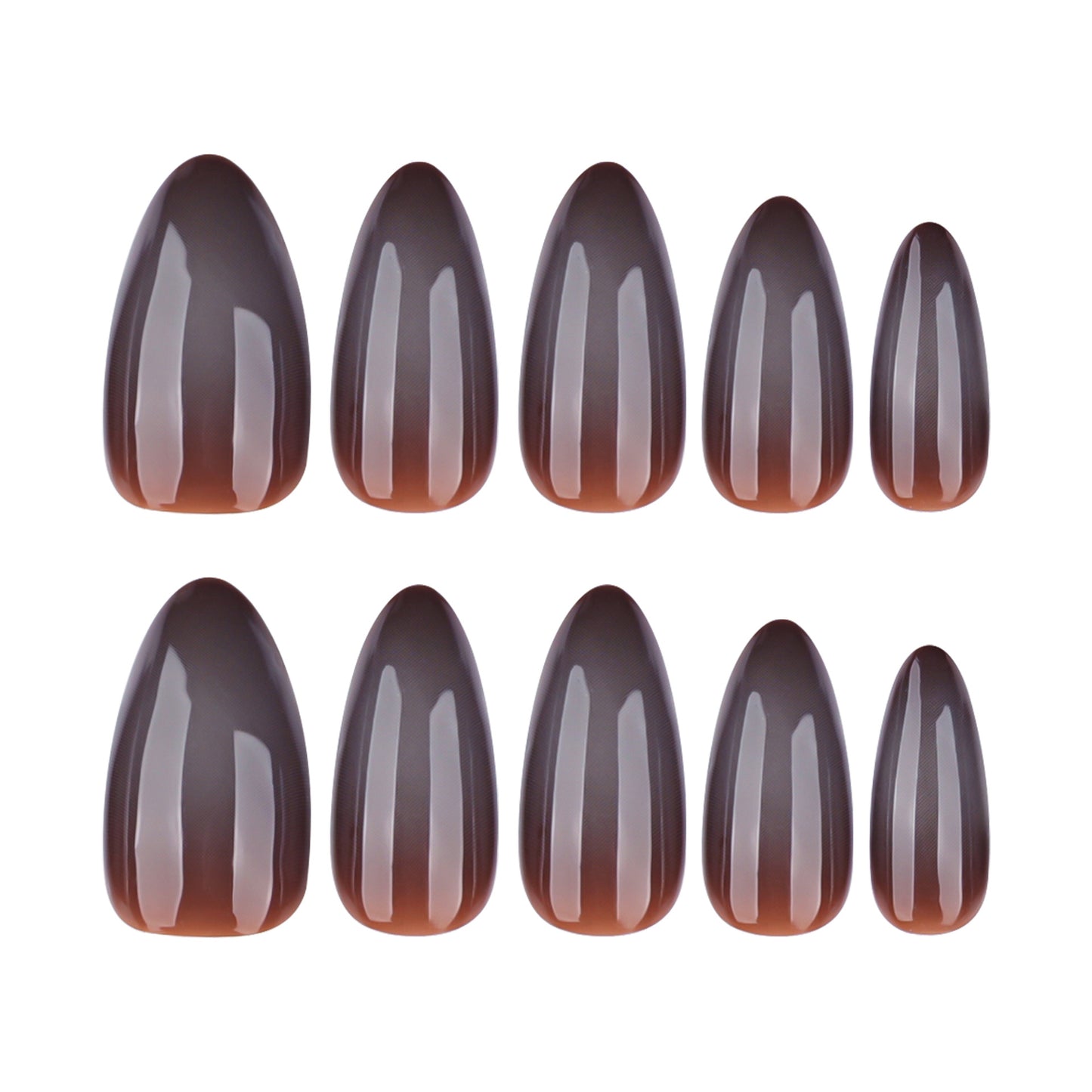 Glamorous Twilight Long Almond Shaped Ombre Brown Press On Nail Set Featuring a High Gloss Finish