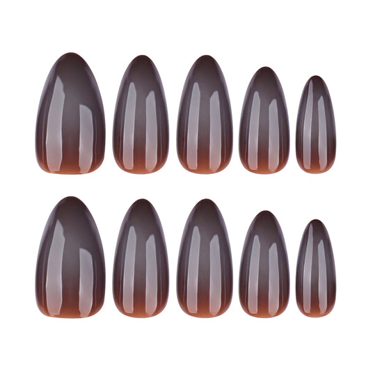 Glamorous Twilight Long Almond Shaped Ombre Brown Press On Nail Set Featuring a High Gloss Finish