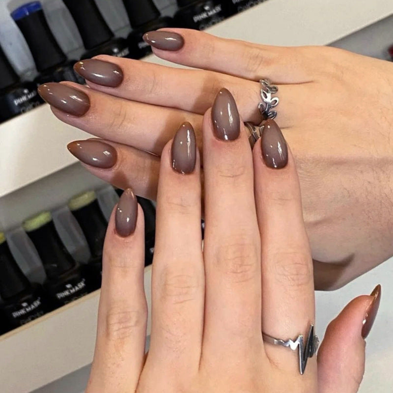 Chic Elegance Medium Almond Shaped Warm Brown Press On Nail Set with Glossy Finish