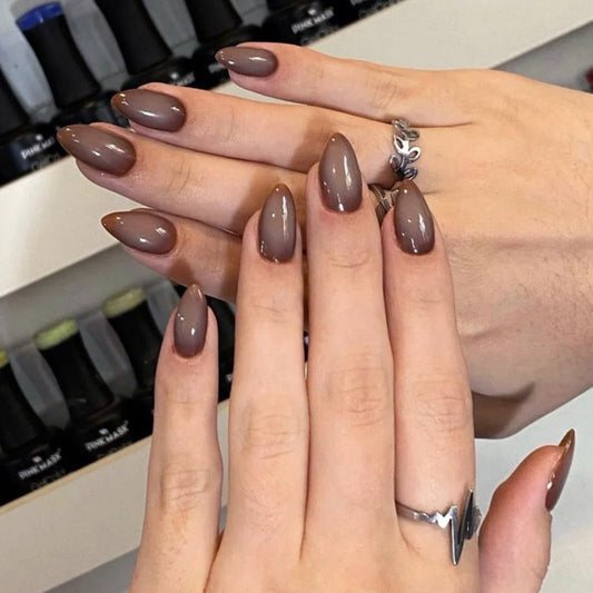Chic Elegance Medium Almond Shaped Warm Brown Press On Nail Set with Glossy Finish