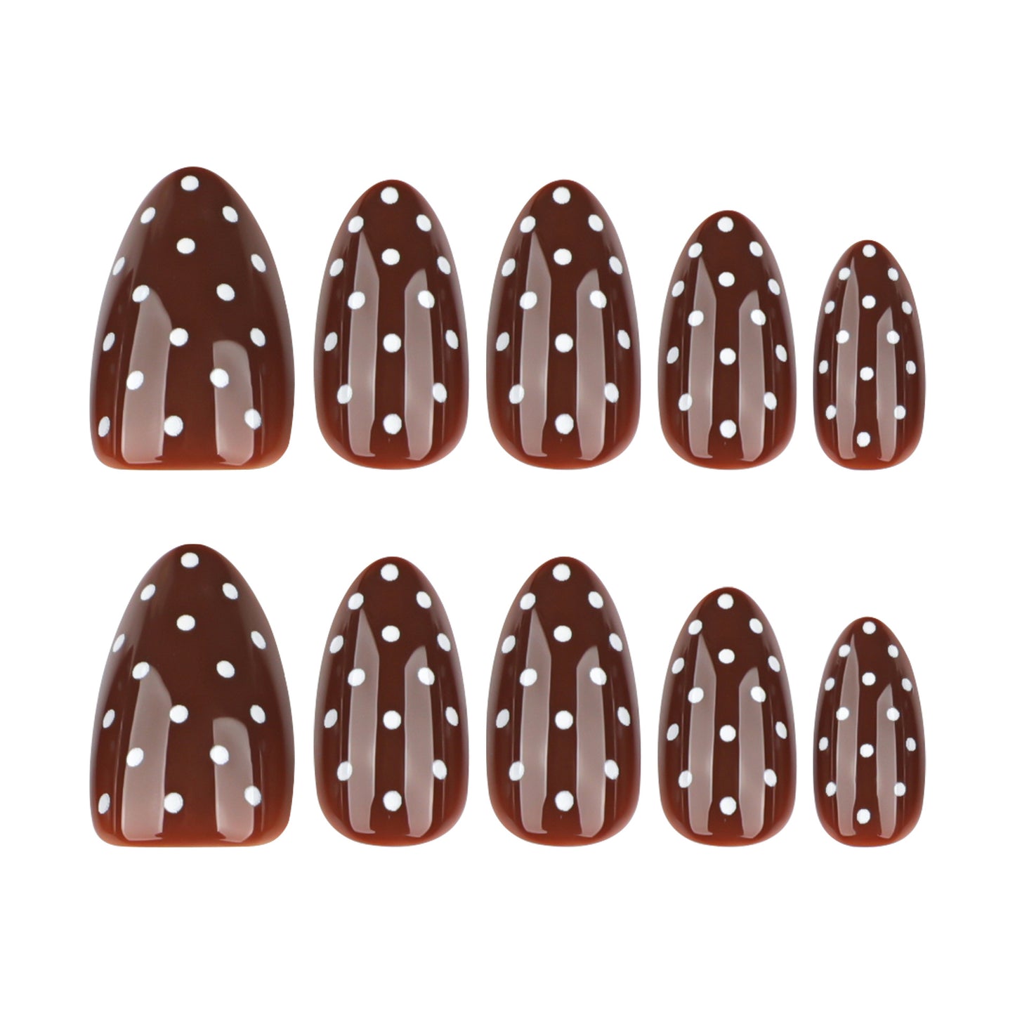 Choco Delight Medium Almond Shaped Brown Polka Dot Press On Nail Set for Effortless Glamour