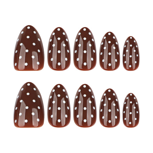 Choco Delight Medium Almond Shaped Brown Polka Dot Press On Nail Set for Effortless Glamour