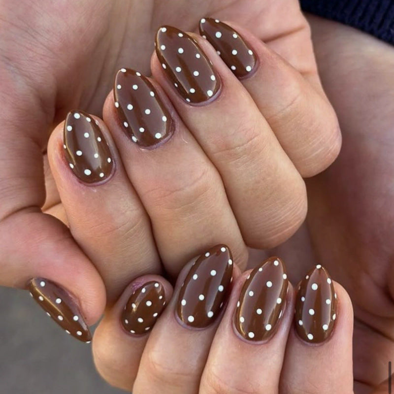 Chocolate Dreamy Medium Almond Shaped Brown Press On Nails with Charming White Polka Dots