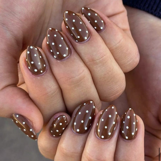 Chocolate Dreamy Medium Almond Shaped Brown Press On Nails with Charming White Polka Dots