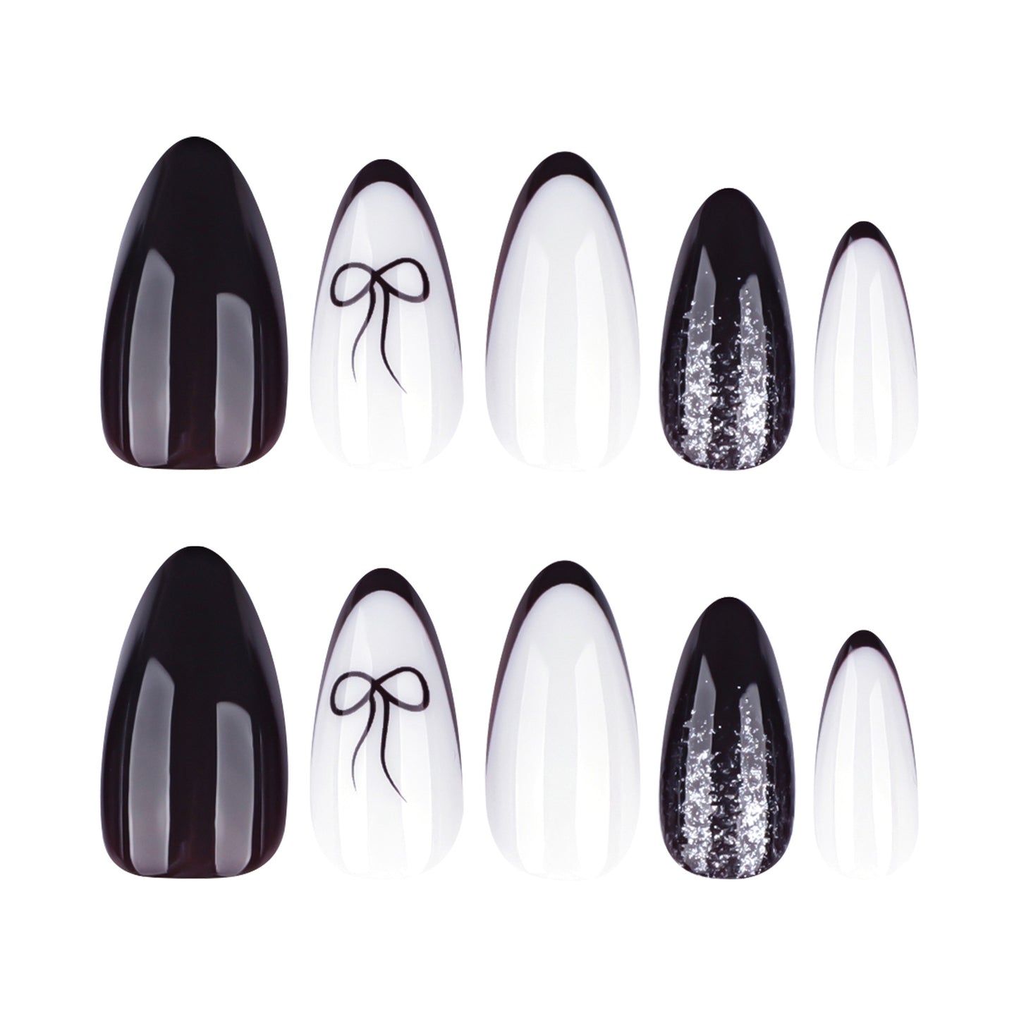 Elegant Evening Medium Almond Black and White Chic Bow and Glitter Accent Press on Nail Set