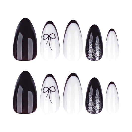 Elegant Evening Medium Almond Black and White Chic Bow and Glitter Accent Press on Nail Set