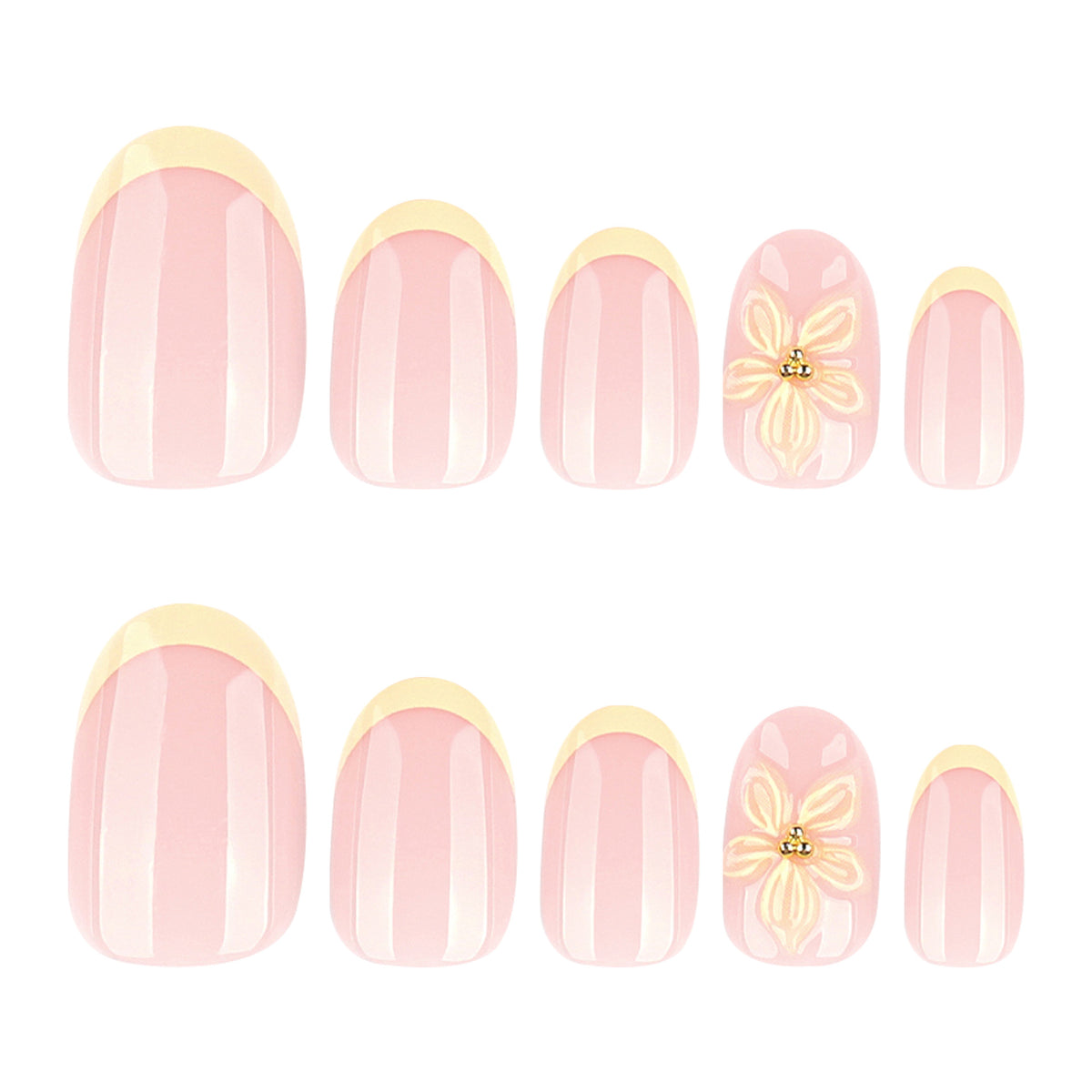 Charming Floral Delight Short Oval Soft Pink with Elegant Golden Accents Press-On Nail Set