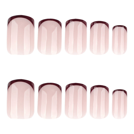 Elegant Romance Soft Pink Short Square Nails with Glossy Burgundy Tip Design