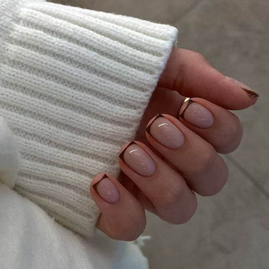 Elegant Whisper Press-on Nail Set Short Square Beige with Chic Metallic Tip