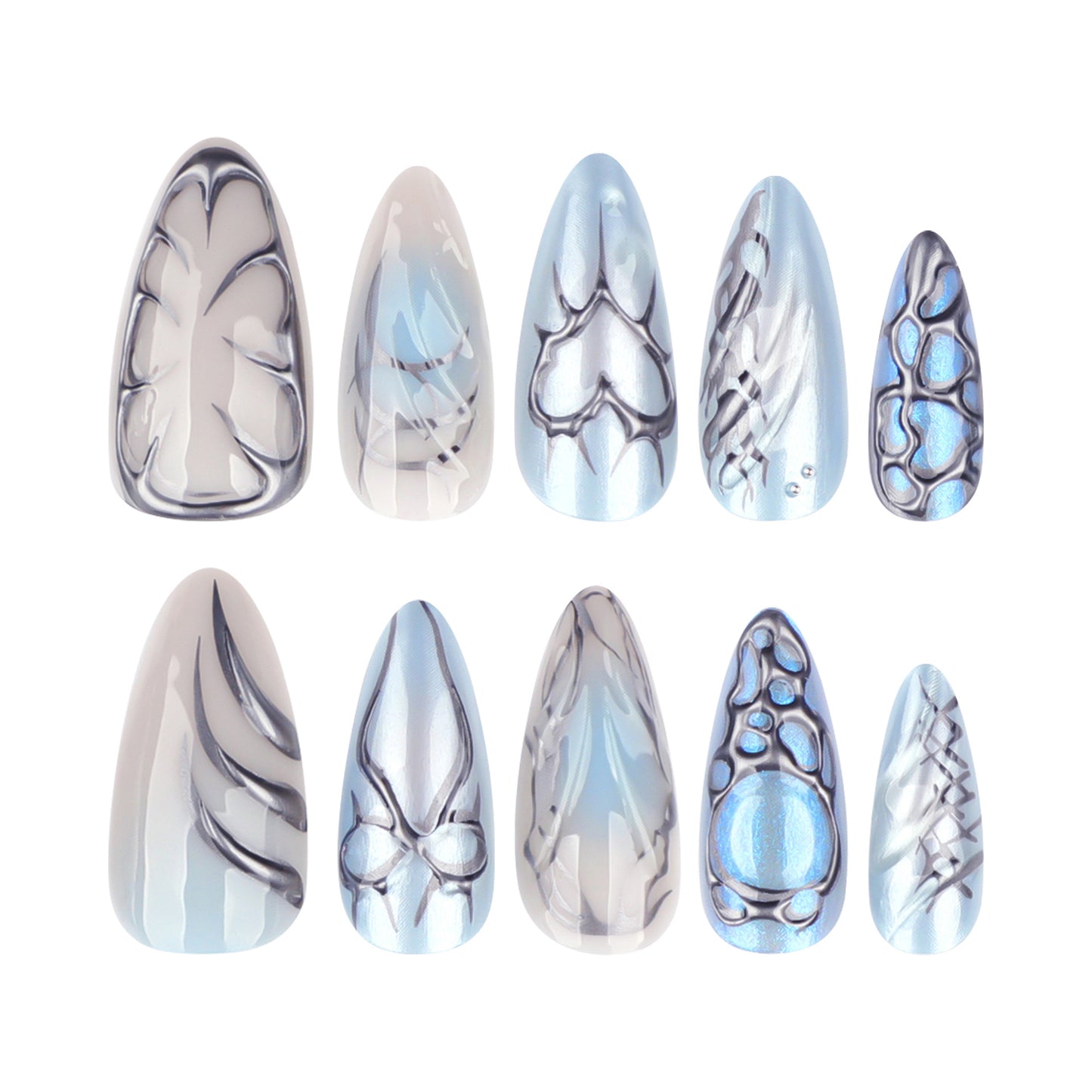 Chic Ocean Breeze Long Almond Shaped Sky Blue and Silver Nail Set with Unique Abstract Art Design