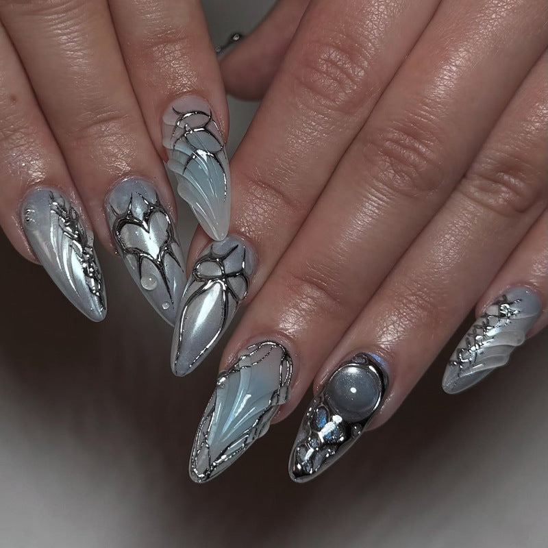 Celestial Elegance Long Almond Shimmering Silver with Crystalline Accents Nail Set
