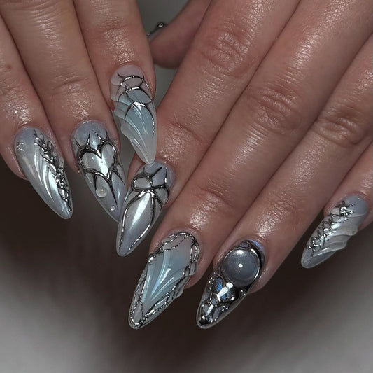 Celestial Elegance Long Almond Shimmering Silver with Crystalline Accents Nail Set