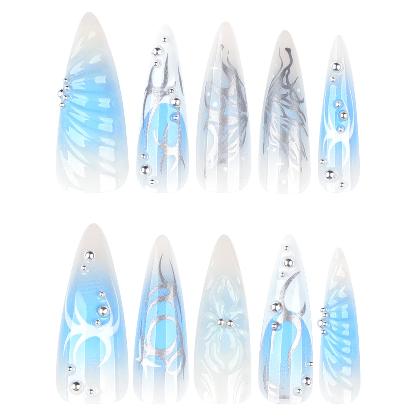 Enchanting Ocean Waves Long Almond Gradient Blue Press On Nail Set with Silver Accents