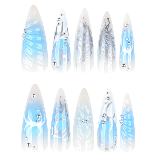Enchanting Ocean Waves Long Almond Gradient Blue Press On Nail Set with Silver Accents