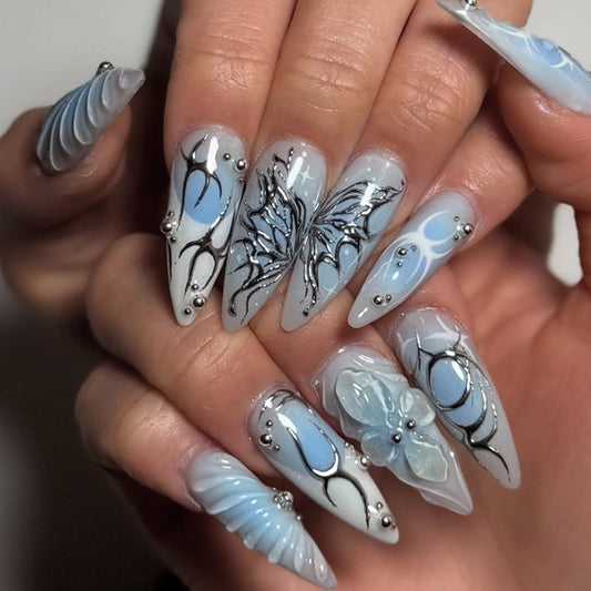 Ocean Breeze Long Almond Blue Gradient Press On Nail Set with Intricate Floral Design and Metallic Accents