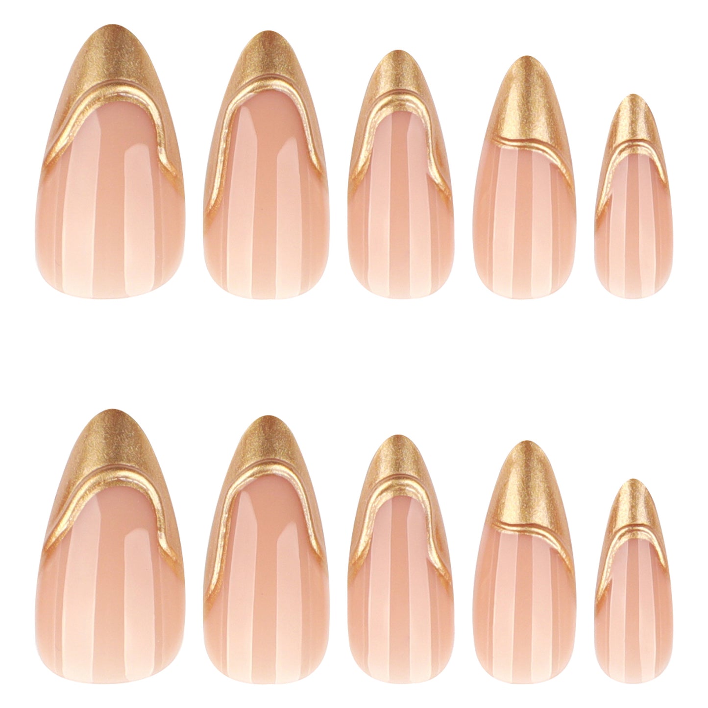 Glamorous Elegance Medium Almond Shaped Blush Pink Press On Nails with Stunning Gold Accent Stripes