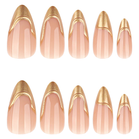 Glamorous Elegance Medium Almond Shaped Blush Pink Press On Nails with Stunning Gold Accent Stripes