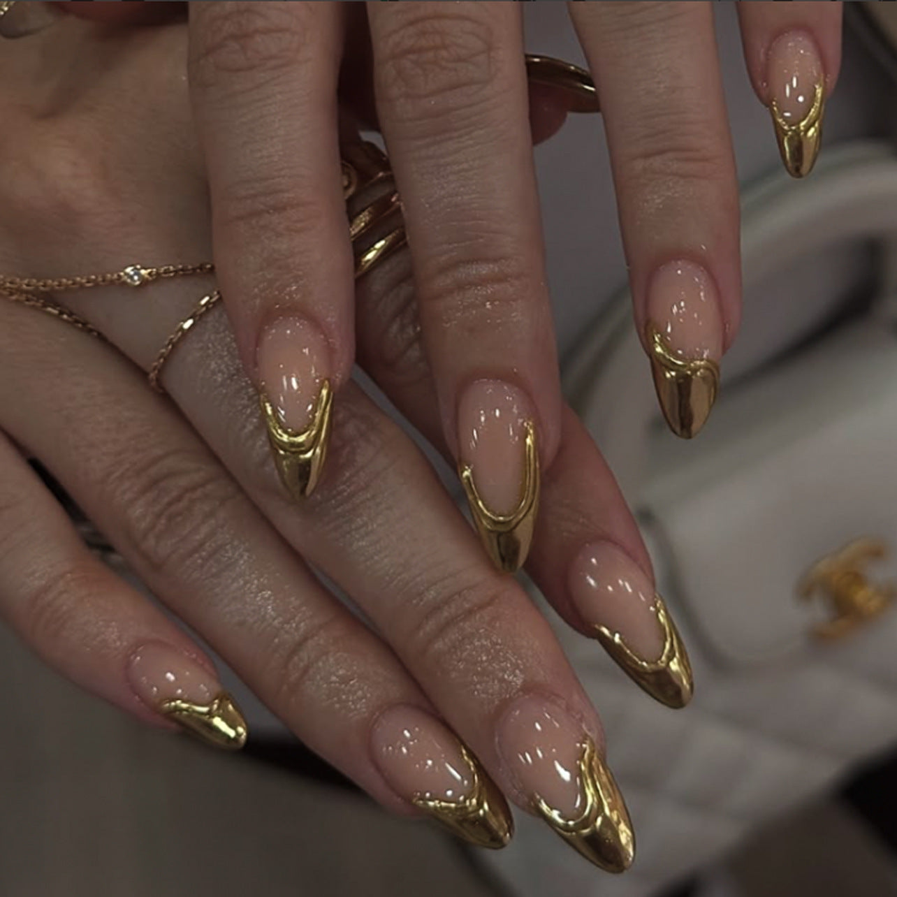 Glamorous Elegance Long Almond Beige with Shiny Gold Accent Press On Nail Set