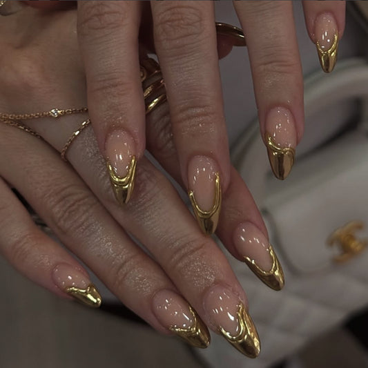 Glamorous Elegance Long Almond Beige with Shiny Gold Accent Press On Nail Set