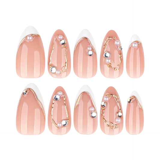 Elegant Garden Dream Medium Almond Pink Press On Nail Set with Gold Pearl Detailing